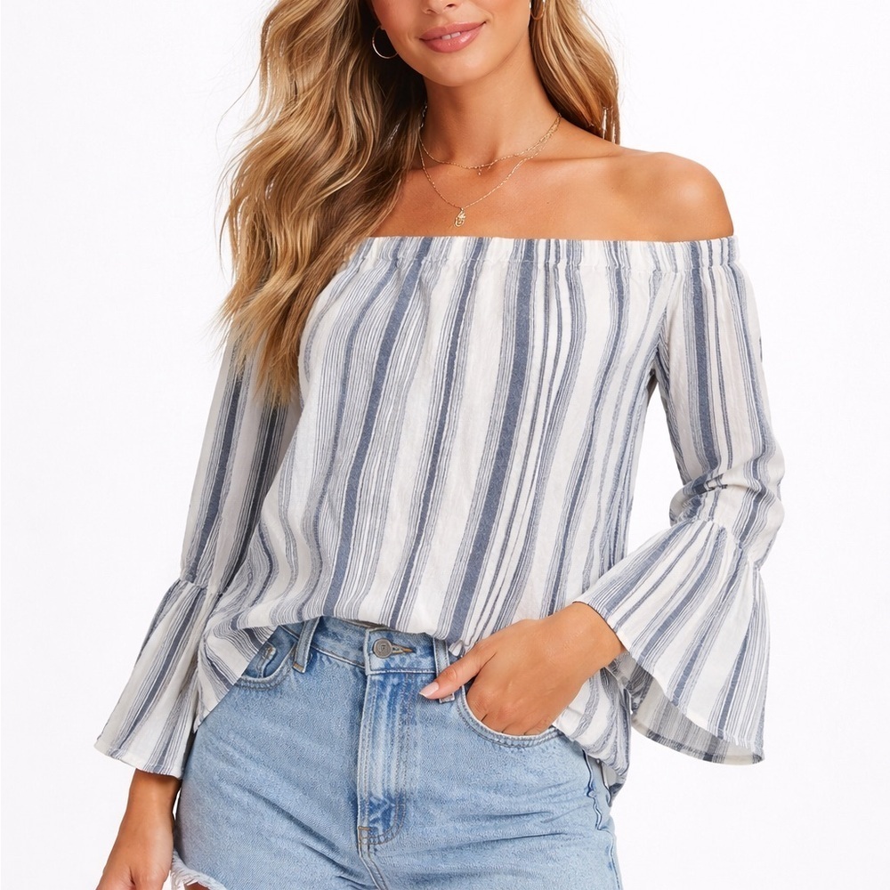 Sanctuary Off-Shoulder Striped Bell Sleeve Blouse | Size Small